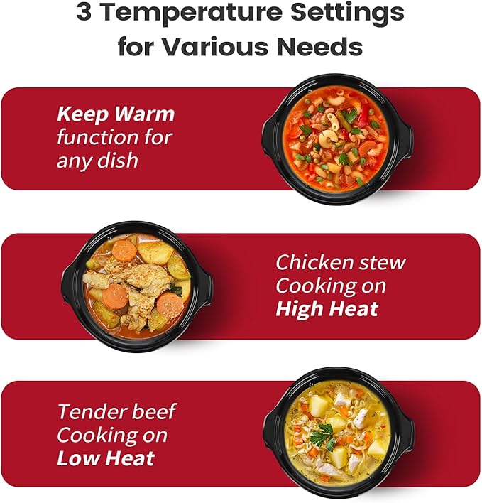 KOOC Small Slow Cooker, 2 Quart, Free Liners Included for Easy Clean-up, Upgraded Ceramic Pot, Adjustable Temp, Nutrient Loss Reduction, Stainless Steel, Red, Round