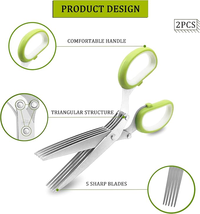 2 Pack Herb Scissors, Herb Scissors with 5 Blades and Cover, Multi Blade Kitchen Scissors for Cutting, Shredding and Cooking Cilantro Onion Salad Garden Herbs, Dishwasher Safety (Green)
