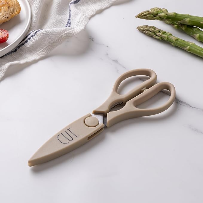 Rae Dunn Kitchen Scissors- Stainless Steel Kitchen Shears, Cooking Scissors for Cutting Meat, Chicken, Herbs and Produce with Blade Cover and Soft Grip Handles (Brown)