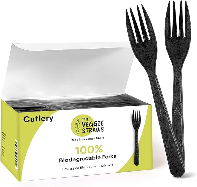 Premium Quality 100% Biodegradable Black Forks Made of Vegetable Fibers, 100 PCS of 6.7” Long Heavy-Duty and Splinter Free Eco-Friendly Forks, Perfect Sustainable Cutlery for All Types of Occasions