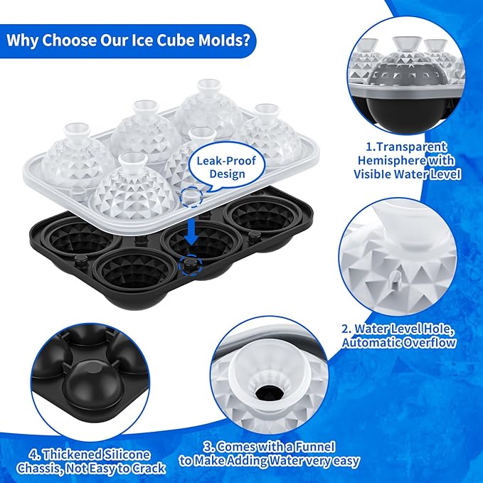 6 Chamber 1.83” 3D Crystal Round Ball Ice Cube Tray With Funnel,Large Circle Ice Molds Silicone Fun Shapes Whiskey Sphere Ice Tray,For Chilling Whiskey,Cocktails,Bourbon,Brandy and Beverages