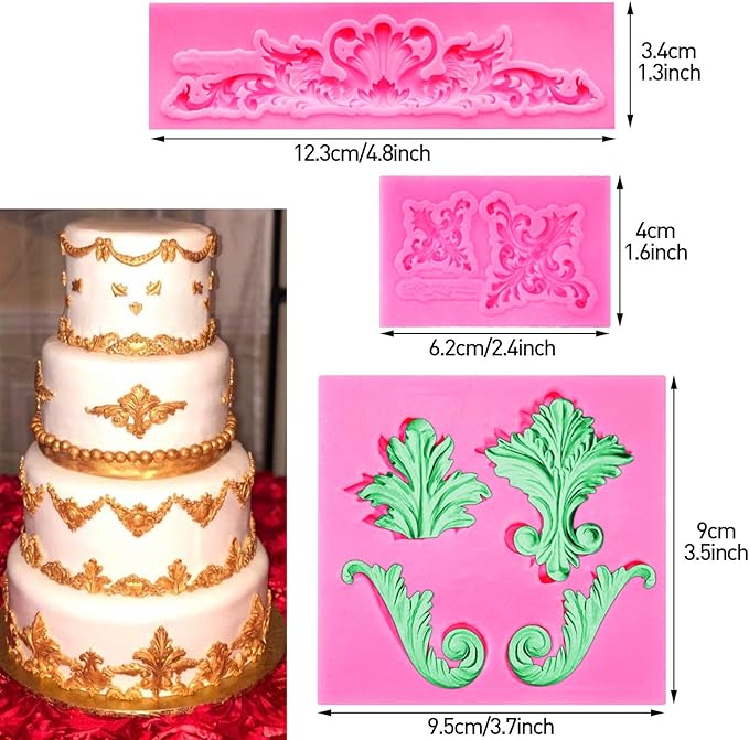 Rainmae Baroque Style Curlicues Scroll Lace Fondant Silicone Mold for Filigree Mold 3D Sculpted Flower Cake Border Decoration, Cupcake Topper, Jewelry, Polymer Clay, Crafting Projects