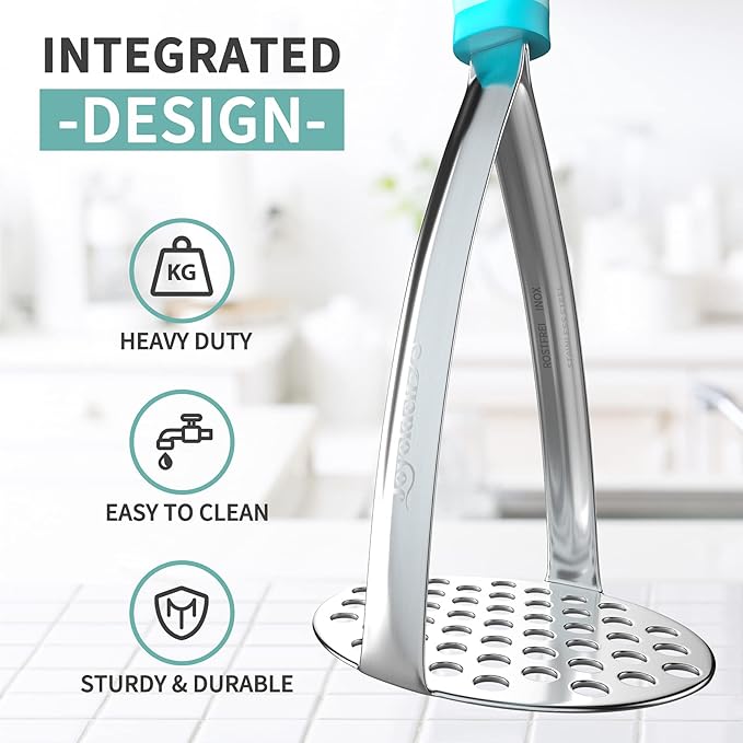 Joyoldelf Heavy Duty Potato Masher, Stainless Steel Integrated Masher Kitchen Tool & Food Masher/Potato Smasher with Non-slip Handle, Perfect for Bean, Vegetable, Fruits, Baby Food, Avocado, Meat