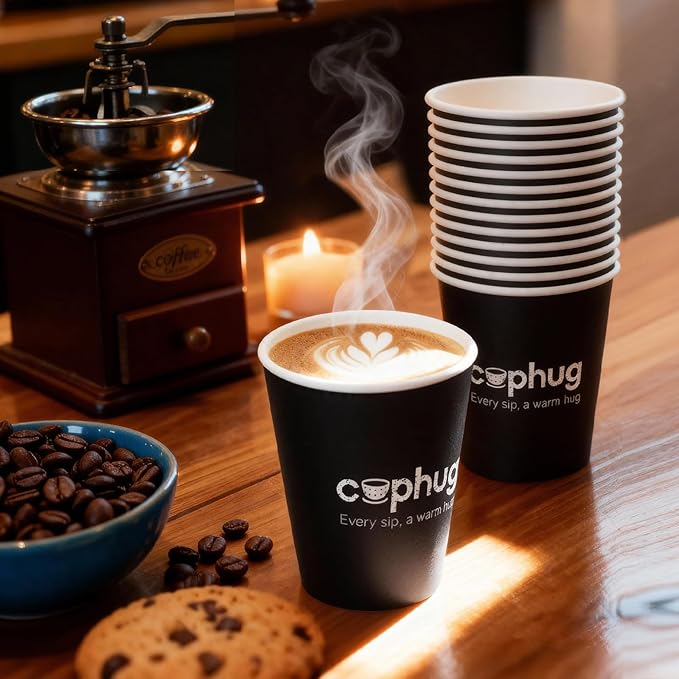 300 Pack 8 oz Disposable Paper Coffee Cups, 8 Ounce Black Paper Hot Coffee Cups–Perfect for Hot Beverages, Party, Office, and Home Use