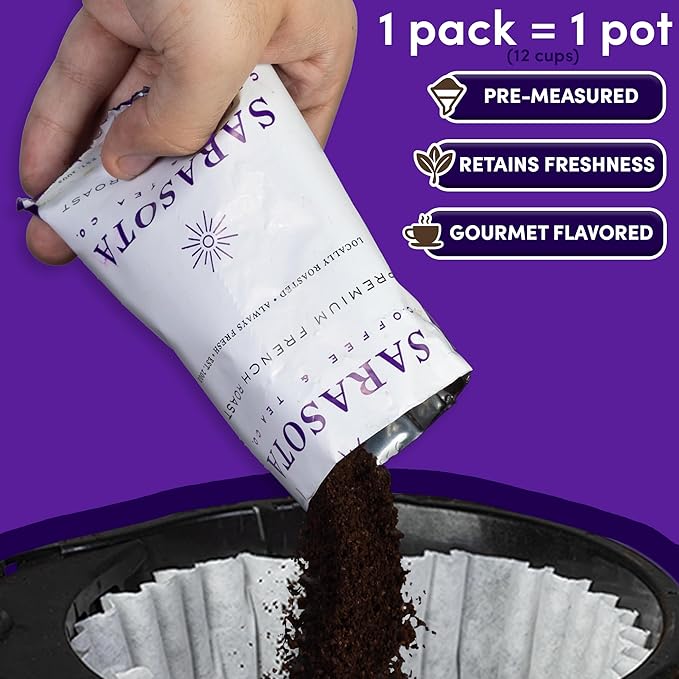 Sarasota Coffee Ground Packets | Low Acid Dark Roast Ground Coffee Packs | European French Roast | Mold Free and Individual Packets for 12 Cups | 1.75 Ounce Bags, 100 Count