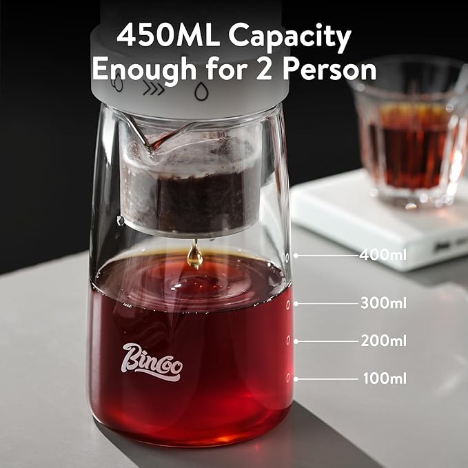 Bincoo Drip Cold Brew Coffee Maker,450ml High Borosilicate Glass Ice Drip Coffee Brewer,Adjustable Dual-Outlet Drip Speed, Constant Pressure Brewing