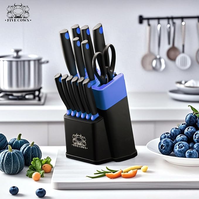 14 Pcs Kitchen Knife Block Set with Sharpener German High Carbon Stainless Steel Chef Knives, Razor-Sharp & Durable, Lightweight Anti-Slip Handle, Professional Set for Home & Kitchen (Blue)