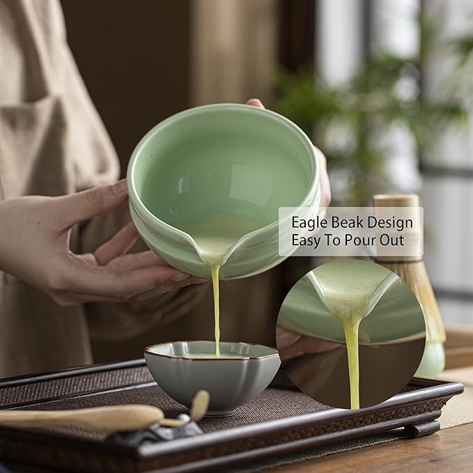 Matcha Whisk Set – 8 Pcs Matcha Set with Ceramic Bowl with Spout, Bamboo Whisk, Holder, Scoop, Sifter, and Tea Towel – Complete Japanese Matcha Kit for Ceremony and Gift
