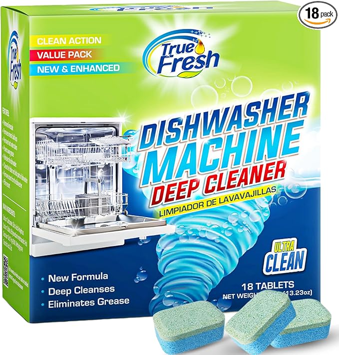 True Fresh Dishwasher Cleaner & Deodorizer Tablets 18-Pack, 20g Each - Powerful Limescale & Odor Removal - Deep Clean for Sparkling Dishwashers - Safe, Effective, and Compatible with All Models