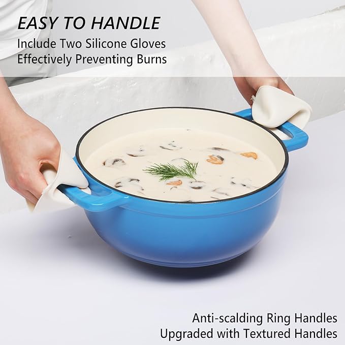 VINGLI 6QT Enameled Cast Iron Round Dutch Oven Pot with Lid, NonStick Casserole Pot with Dual Handles & Silicone GlovesRed, Oven Safe up to 500°F or on Stovetop, Dutch Oven for Bread Baking, Blue