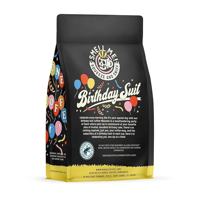 Bones Coffee Company Birthday Suit, Birthday Cake Flavored Coffee, Medium Roast Low Acid Arabica Beans Compatible with Auto drip and French Press Coffee Maker, 12 Oz Ground