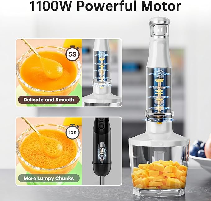 Immersion Blender Handheld Corded Hand Blenders Set 1100W, Trigger Variable Speed 5 in 1 Stick Emulsifier with Chopper, Whisk and Frother for Soup, Baby Food and Smoothies, White，Case