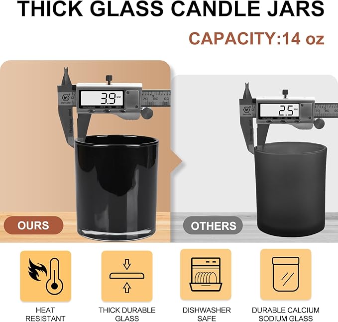 Thick Candle Jars for Making Candles 12 Pcs, 14 OZ Empty Jars with Wood Lids for Candle Making, Sample Container, Black