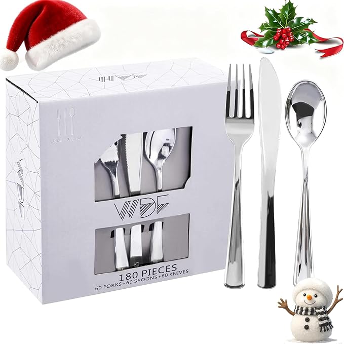 WDF 180 Pieces Silver Plastic Silverware - Silver Plastic Cutlery - Fancy Plastic Silverware Heavy Duty - 60 Forks 60 Knives 60 Spoons - Disposable Plastic Utensils Perfect for Party/Wedding/Christmas