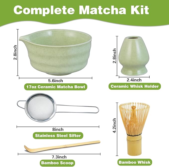 Matcha Whisk Set, Premium Ceramic Bowl with Spout, Bamboo Whisk, Chasen Holder, Sifter, Scoop, Complete Tea Making Kit for Matcha Lovers, Beginner Starter Set for Lump-Free Matcha Green Tea Gift
