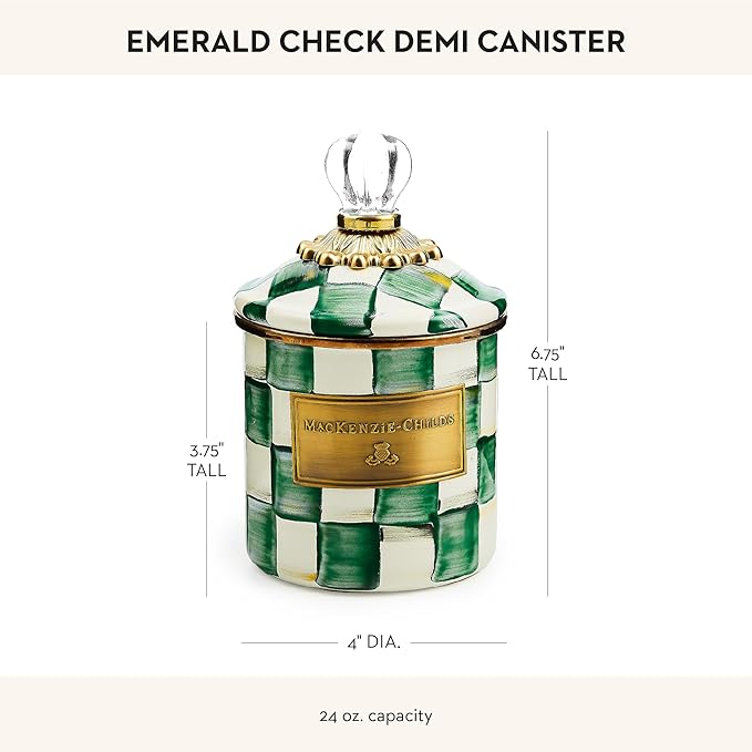 MACKENZIE-CHILDS Demi Enamel Canister, Kitchen Storage Container with Lid, Green-and-White Emerald Check
