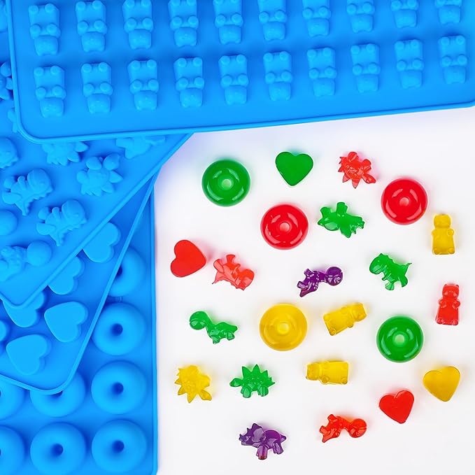 4 PCS Silicone Gummy Candy Molds, 201 Cavities Non-Stick Mini Size Gummy Bear, Dinosaur, Heart and Donut Molds with 2 Droppers for Small Hard Candies, Jello, Chocolates