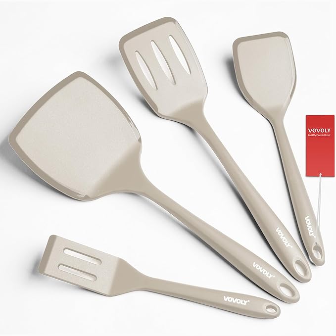 Silicone Spatula Set, 600°F Heat Resistant Silicone Spatula Turner Flipper for Cooking, Non Stick and Non Scratch Kitchen Utensils for Eggs & Pancakes, 4 Pack,Khaki