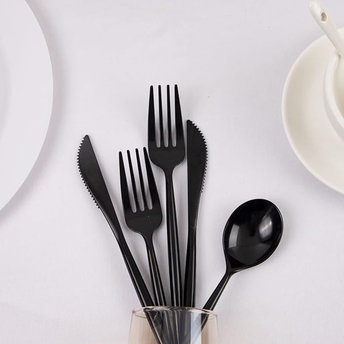 Supernal 180pcs Black Plastic Silverware Heavy Duty Black Party Cutlery Disposable Plastic Forks and Spoons Disposable Utensils Flatware Include 60 Forks,60 Knvies,60 Spoons