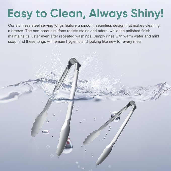 12 pieces Buffet Tongs 9'' Inches Serving Tongs Heavy Duty Stainless steel Kitchen and BBQ Utility Tong (Silver, 9inch)