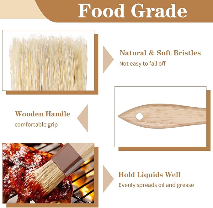 2 Pcs Natural Bristle Pastry Brush, Beech Wooden Handle Basting and BBQ Brushes for Cooking, Butter, Oil, Marinade, Grilling & Baking, Kitchen Food Brush (1 inch & 1.5 inch)