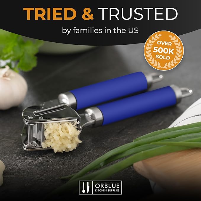 ORBLUE Garlic Press Stainless Steel - Premium Professional Grade Garlic Mincer, Crusher & Peeler Set - Easy Clean, Dishwasher Safe & Rust-proof, Blue