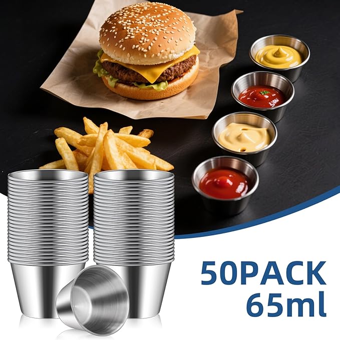 50 Pcs 2.5oz Metal Ramekins Stainless Steel Sauce Dipping Cups Ramekins Bulk Sauce Container Round Dipping Bowls Condiment Cup for Dish Butter Kitchen Restaurant Serving Party Dinner Cooking
