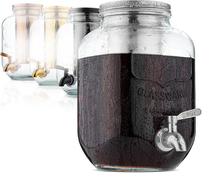 BTaT- Cold Brew Coffee Maker, 1 Gallon Mason Jars Drink Dispenser, Gallon Cold Brew Coffee Maker, Iced Tea Maker, Cold Brew Coffee Carafe, Beverage Dispenser, Glass Dispenser, Cold Brew System