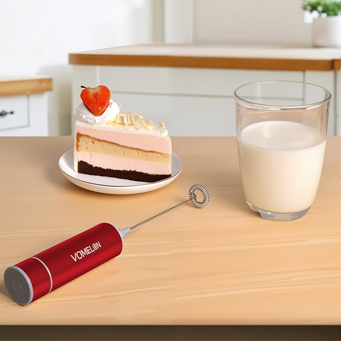 Milk Frother Handheld, Battery Operated Coffee Foamer Drink Mixer with 2 Stainless Steel Electric Whisks for Coffee, Latte, Cappuccino, Hot Chocolate, Protein， Batteries Included, Ruby Red
