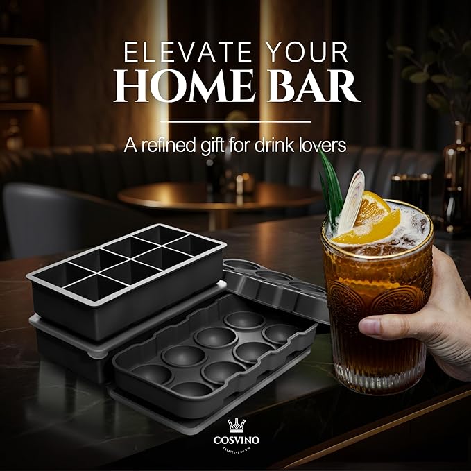 Large Ice Cube Trays Perfect for Whiskey and Summer Drinks - Italian Design - 2 Pack (16 x Ice Cubes | Square and Round | XL size) - Cosvino - Removable Lid, Easy Release (Tuxedo Black)