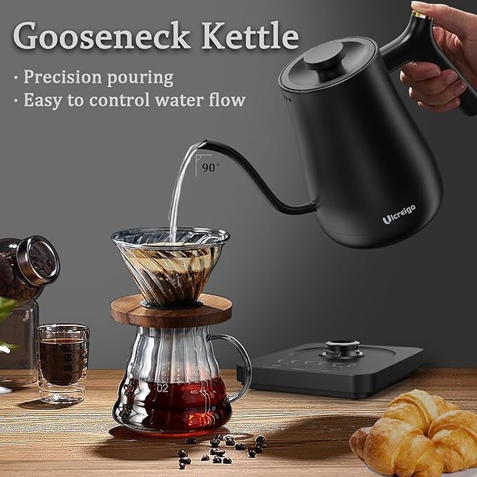 Gooseneck Electric Kettle,Ulcreigo Tea Kettle for Boiling Water, Temperature Control with 5 Variable Presets,Hot Water Boiler Heater for Pour Over Coffee, Keep Warm 2 Hours,304 Stainless Steel(Black)