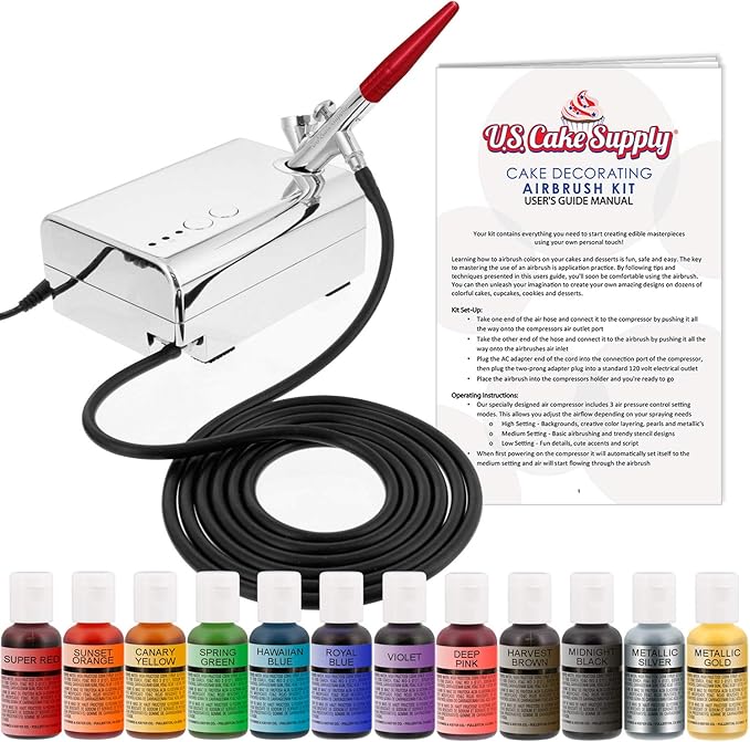 U.S. Cake Supply Complete Cake Airbrush Decorating Kit with 12 Vibrant Food Colors - Air Brush for Cake Decoration, Cupcakes, Cookies & Desserts