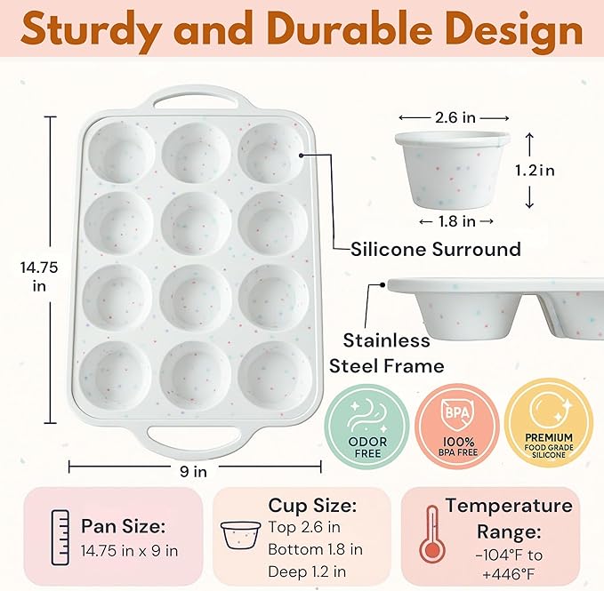 12-Cup Silicone Muffin Pan with Metal-Reinforced Handles – Nonstick, Non-Toxic Cupcake Pan for Baking – Easy-Release, BPA-Free, Dishwasher-Safe Silicone Muffin Tray - 1 PACK - CREAM