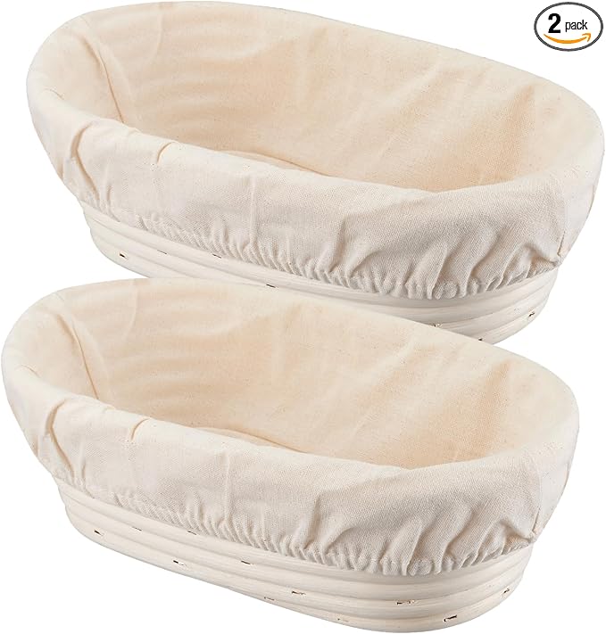 Banneton Bread Proofing Basket Banneton Basket Set Sourdough Proofing Basket Round Proofing Bowls Handmade Rattan Baskets and Liners (Oval 10 inch set of 2)
