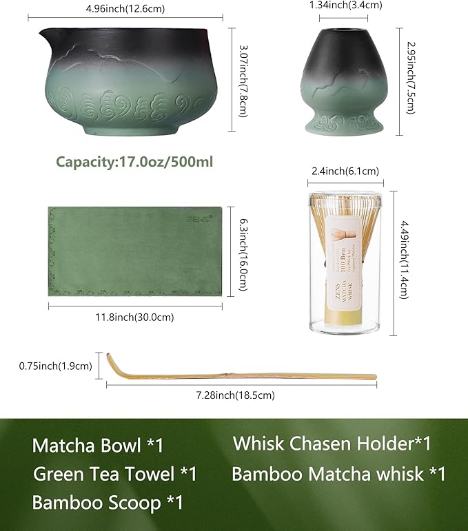 ZENS Matcha Whisk Set, 15oz Ceramic Matcha Set with Bowl and Bamboo Whisk, Scoop, (Chasen Holder) -Tea Towel, 5pcs Matcha Kit for Matcha Lovers, Sage Green