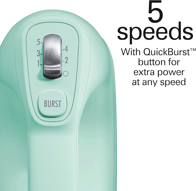 Hamilton Beach Professional 5-Speed Electric Hand Mixer with Snap-On Storage Case, QuickBurst, Stainless Steel Twisted Wire Beaters and Whisk, Mint (62658)