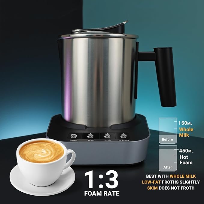 Electric Milk Frother and Steamer 4-in-1 with Stainless Steel Pitcher Cup(400ml/13.5oz), Auto Shut-Off, Hot & Cold Foam Maker and Milk Warmer for Coffee Cappuccinos, Dishwasher Safe