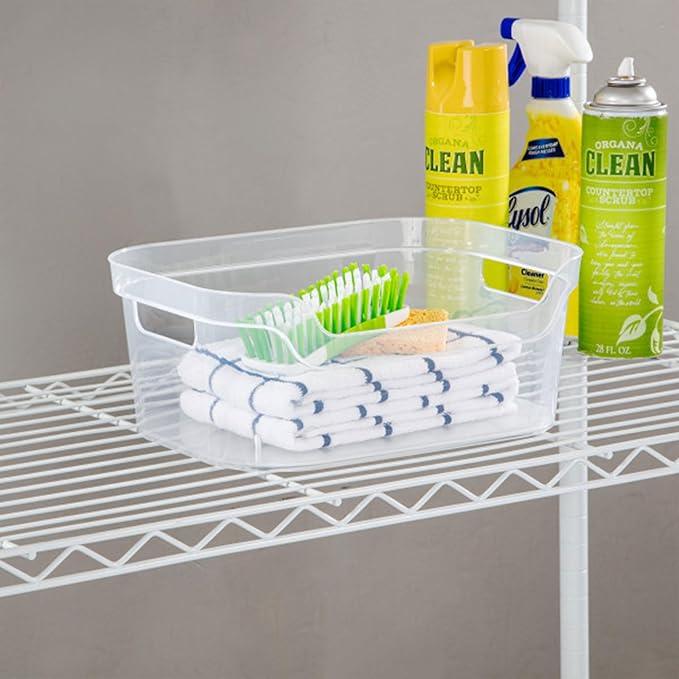 Sterilite 5.25x9.5x13 In Medium Polished Open Scoop Front Storage Bin w/Comfortable Carry Through Handles for Household Organization, Clear (32 Pack)