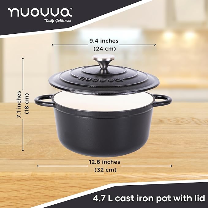 Cast Iron Pot with Lid – Non-Stick Ovenproof Enamelled Casserole Pot, Oven Safe up to 500° F – Sturdy Dutch Oven Cookware – Black, 5-Quart, 24cm – by Nuovva