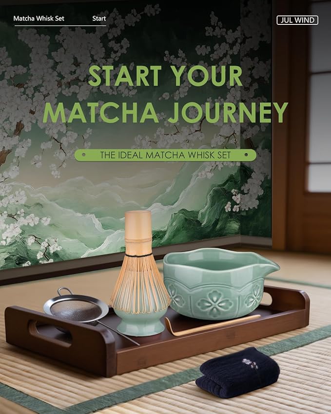 Matcha Whisk Set, Ceramic Matcha Set Includes Matcha Bowl with Spout, Matcha Whisk and Holder, Bamboo Scoop, Sifter and Tea Towel - 6 Pcs Matcha Kit Gift for Matcha Lovers Beginners (Green)