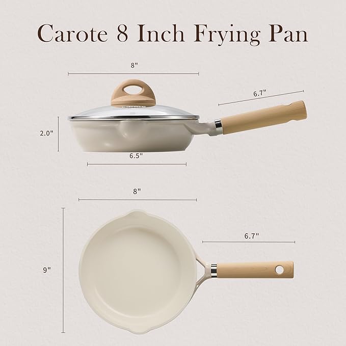 CAROTE 8" Ceramic Frying Pan with Lid, Non Stick Frying Pan Skillet Chef's Pan, Healthy & PFOA/PFAS Free, Induction-Compatible, Taupe
