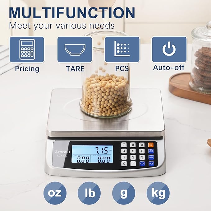 66lb Food Scale, Commercial Kitchen Scale with Price Computing, Plug-in Usable, 0.05oz/1g, 304 Stainless Steel, for Cooking, Vegetables, Farm, Industry, Counting. LC300 Silver