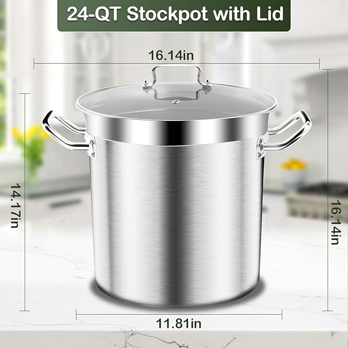 Stainless Steel Stock Pot-24QT Heavy Duty Induction Cooking Pot with Visible Lid,Big Stockpot, Deep Cookware Commercial Grade Stock Pot & Stockpots for Boiling Cooking Soup Stew Canning Cooking Pots