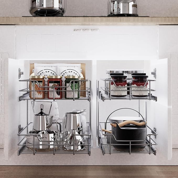 2 Tier Pull Out Cabinet Organizer 18" W X 22" D, Slide Out Drawers For Kitchen Cabinets, Pull Out Drawers For Cabinets Capacity Heavy Duty Caddy, Cabinet Pullout Shelves Chrome-Plated,Bathroom Pantry