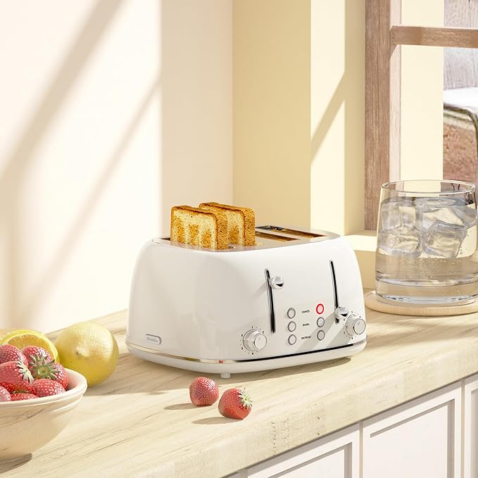 Toaster 4 Slice, Retro Stainless with 6 Bread Shade Settings,1.5''Wide Slots Toaster with Cancel/Defrost/Reheat Functions,Dual Independent Control Panel, Removal Crumb Tray (White)