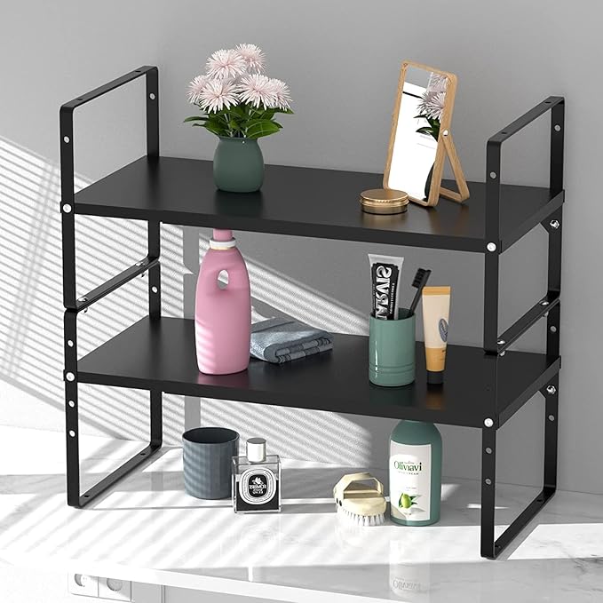 Expandable Kitchen Cabinet Shelf Organizers 3 Pack, Stackable Metal Pantry Storage Shelves Rack, Adjustable Counter Shelf for Cabinets, Countertop, Cupboard Organizers and Storage, Black