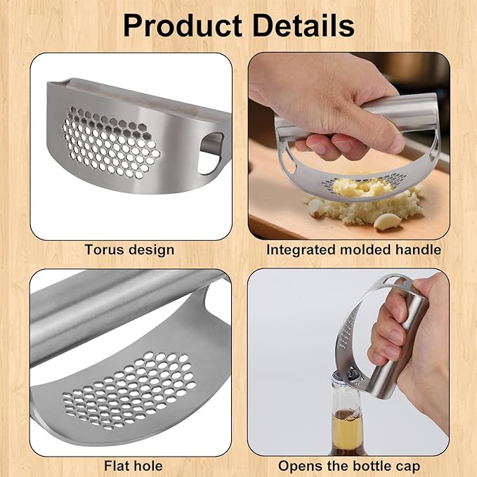 Stainless Steel Hand Garlic Presser Set, Hand Garlic Press with Plastic Peeler Tube and Brush Ginger Crusher Supplies for Kitchen Vegetable Processing Tools