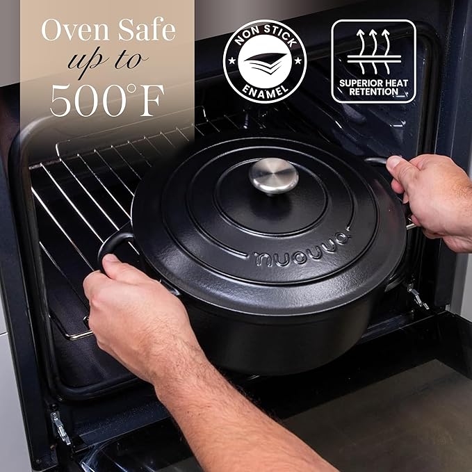 Nuovva Enamelled Cast Iron Dutch Oven Pot with Lid – 6.4 Quart Non Stick Casserole Pot – Heavy Duty & Oven Safe up to 500° F for Bread Baking, Braising, Stews, Roasting – 28cm Black