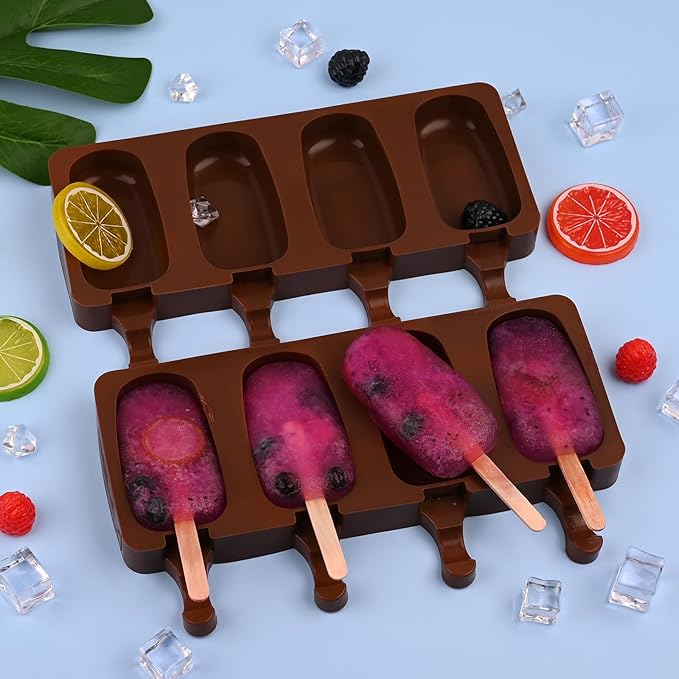 WMKGG Popsicle Silicone Molds Set, 2 PCS Ice Cream Molds with 50 Wooden Sticks for Cake Pop, Ice Pop, Cakesicles (Standard Size/Coffee)
