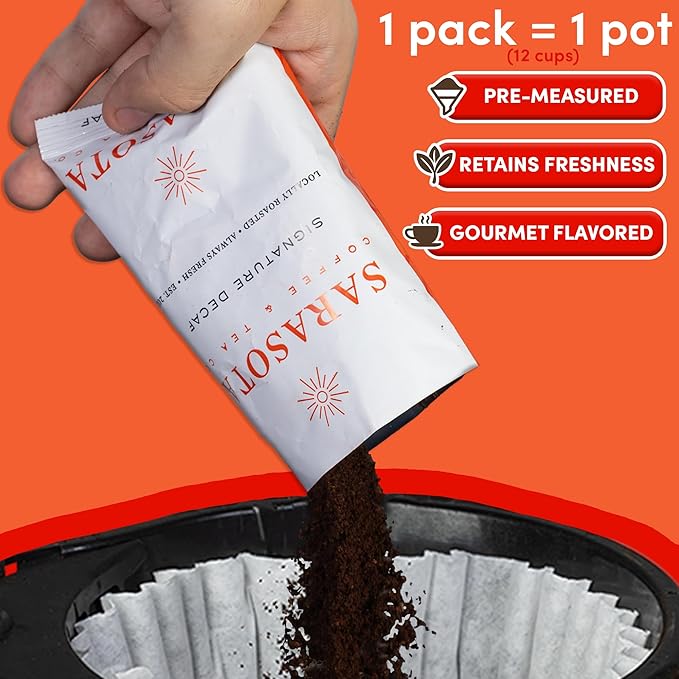 Sarasota Coffee Packs Bulk Ground Packets | Decaf | Gourmet Decaffeinated Assorted Gift Set Sampler | Low Acid Mold Free Single Pot Individual Pouches for 12 Cup Coffee Maker | 1.75 Oz Bags, 100 Count